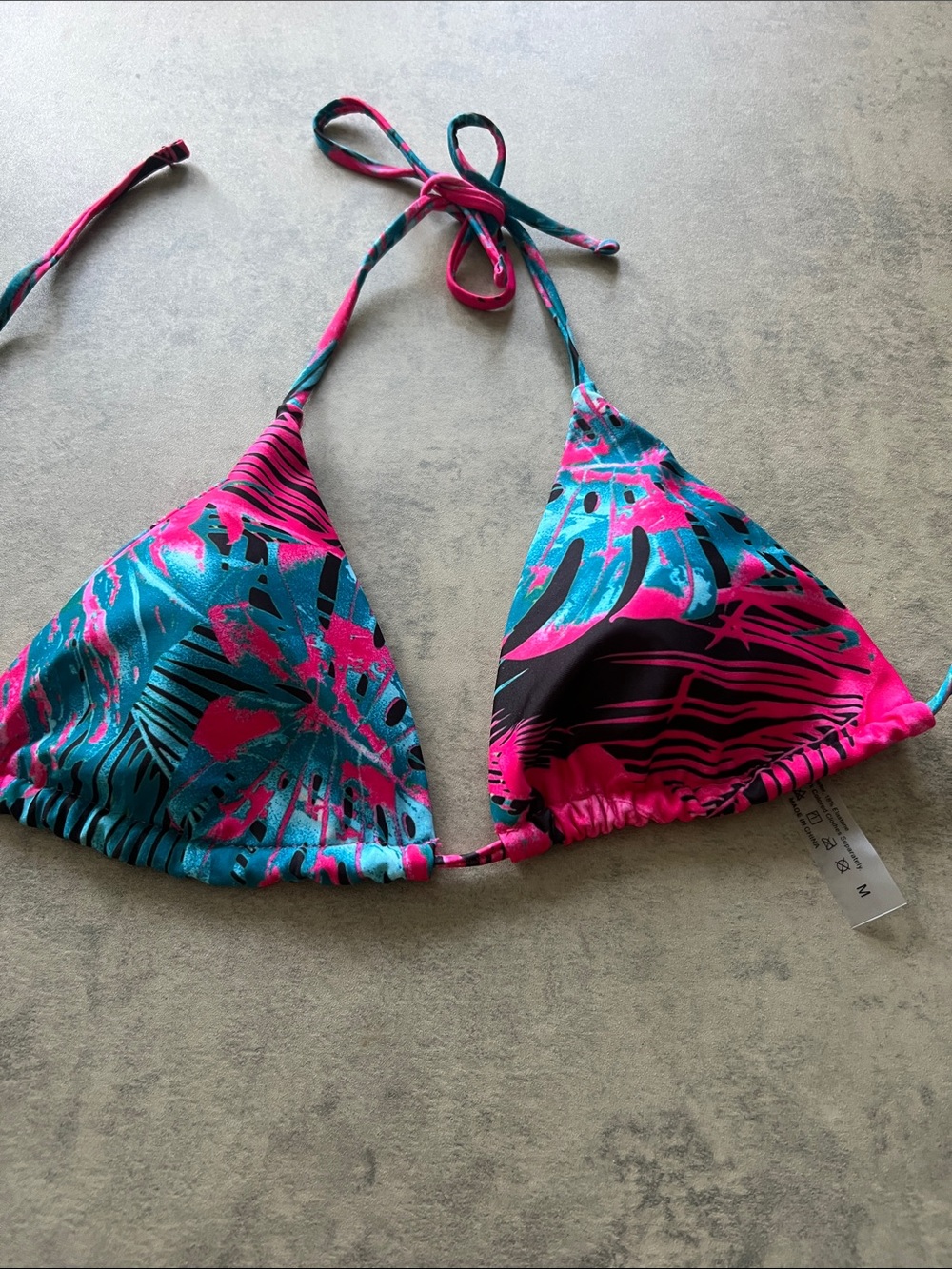SHEIN Teal and Hot Pink Tropical Print Triangle Bikini Top
